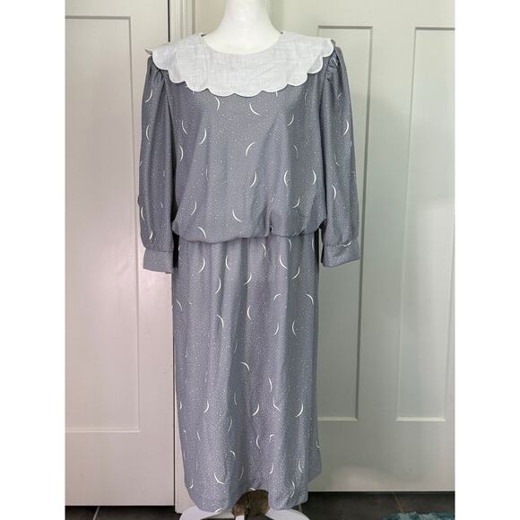 Vintage 80s Jenny Gray Moon Dot Blouson Dress Plus 24 - Picture 1 of 6